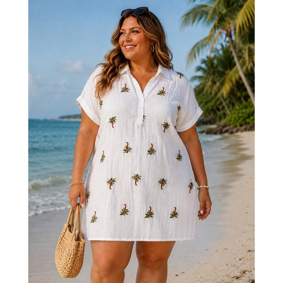 Anthropologie Dresses & Skirts - Anthropologie White Embroidered Palm-Print Mini Dress